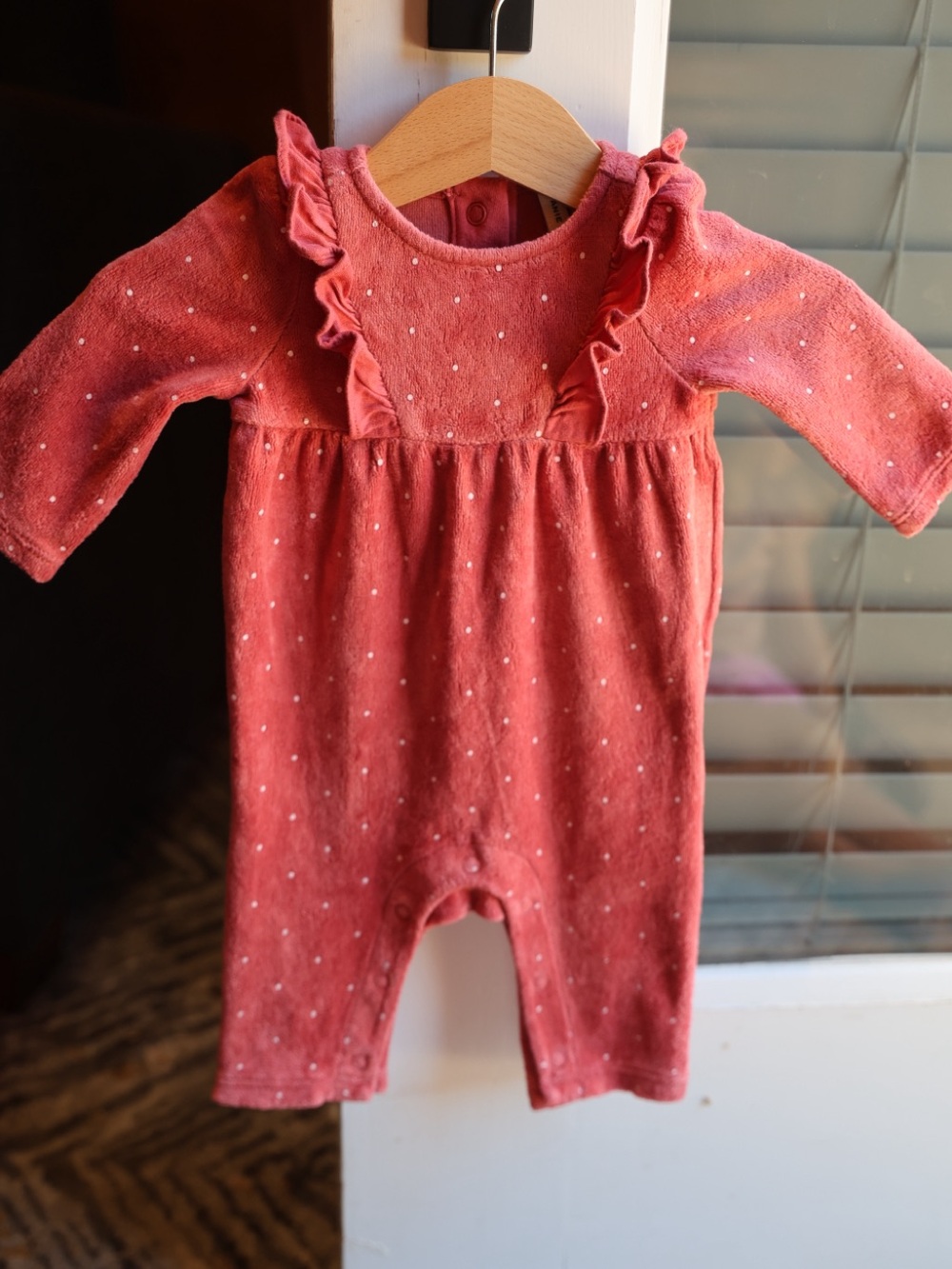 Janie and Jack Newborn Plush Ruffle Romper Dusty Rose Pink Polka Dot Baby Girl